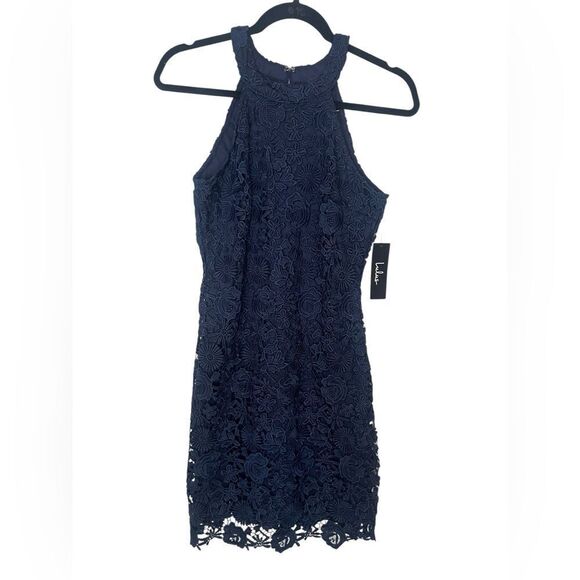 NWT LULU’S NAVY LACE HALTER NECK COCKTAIL/PARTY DRESS WOMENS SIZE MEDIUM - Picture 6 of 6